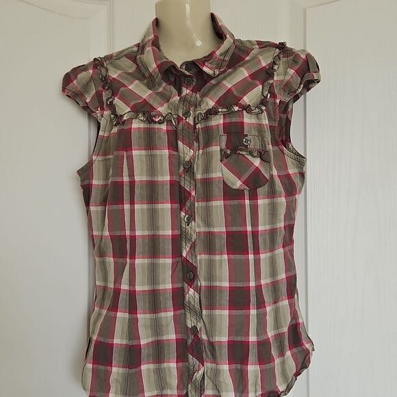 H&M Cotton Button-Down Short Sleeves Ruffled Shirt Hot Pink & Military Green 8 - Picture 5 of 16